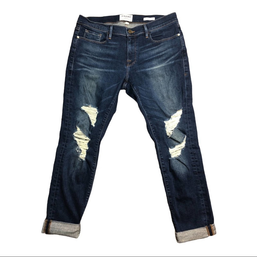 Frame Denim Women's Boyfriend Jeans - Dark Blue with Distressed Knees